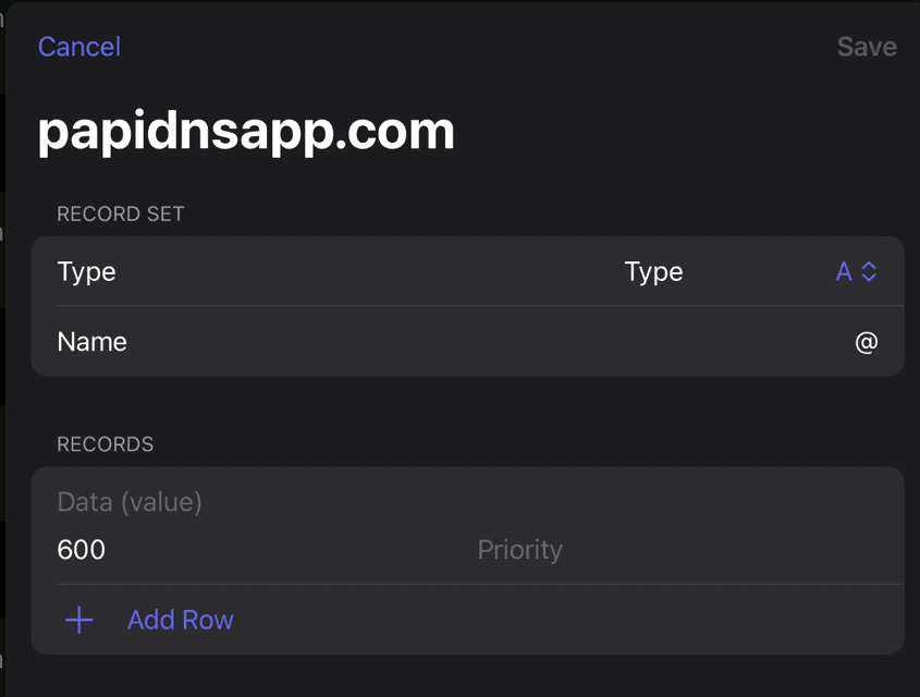 The add record set sheet for a domain, with fields for record type, name, value, TTL and priority, and an Add Row button.