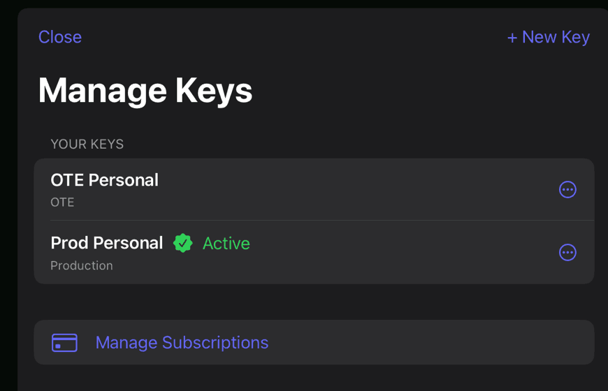 The Manage Keys screen listing two saved keys, OTE Personal and Prod Personal, with Prod Personal marked Active.